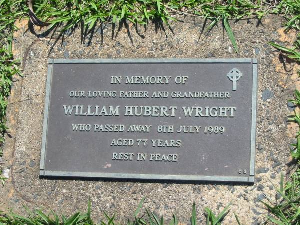 William Hubert WRIGHT,  | father grandfather,  | died 8 July 1989 aged 77 years;  | Blackbutt-Benarkin cemetery, South Burnett Region  | 