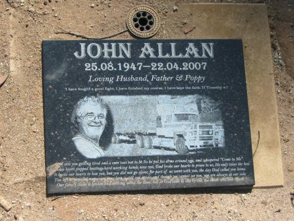 John ALLAN,  | 25-08-1947 - 22-04-200,  | husband father poppy;  | Blackbutt-Benarkin cemetery, South Burnett Region  | 