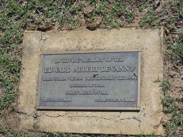Edward Albert DEVANNY,  | born Euroa Vic 1919,  | died Kingaroy Qld 1996,  | husband of Jean;  | Blackbutt-Benarkin cemetery, South Burnett Region  | 