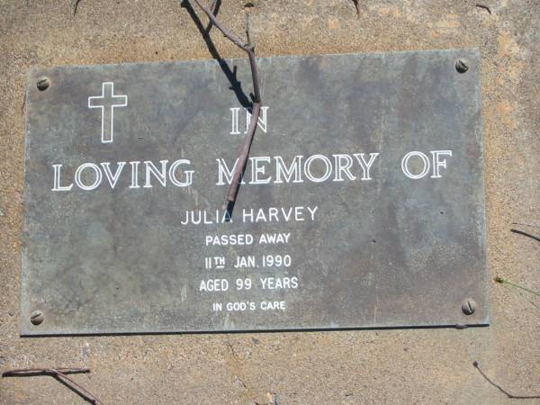 Julia HARVEY,  | died 11 Jan 1990 aged 99 years;  | Blackbutt-Benarkin cemetery, South Burnett Region  | 