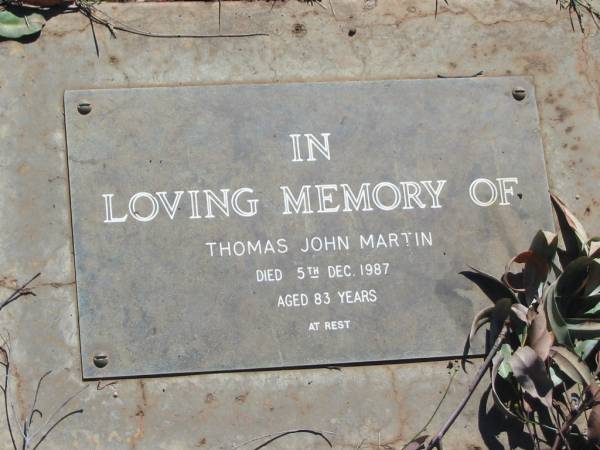 Thomas John MARTIN,  | died 5 Dec 1987 aged 83 years;  | Blackbutt-Benarkin cemetery, South Burnett Region  | 