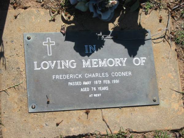 Frederick Charles CODNER,  | died 18 Feb 1991 aged 76 years;  | Blackbutt-Benarkin cemetery, South Burnett Region  | 