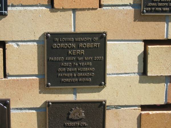 Gordon Robert KERR,  | died 1 May 2003 aged 74 years,  | husband father grandad;  | Blackbutt-Benarkin cemetery, South Burnett Region  | 