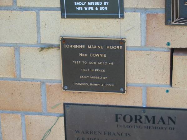 Corrinne Maxime MOORE (nee DOWNIE),  | 1927 - 1976 aged 48 years,  | missed by Raymond, Barry & Robin;  | Blackbutt-Benarkin cemetery, South Burnett Region  | 