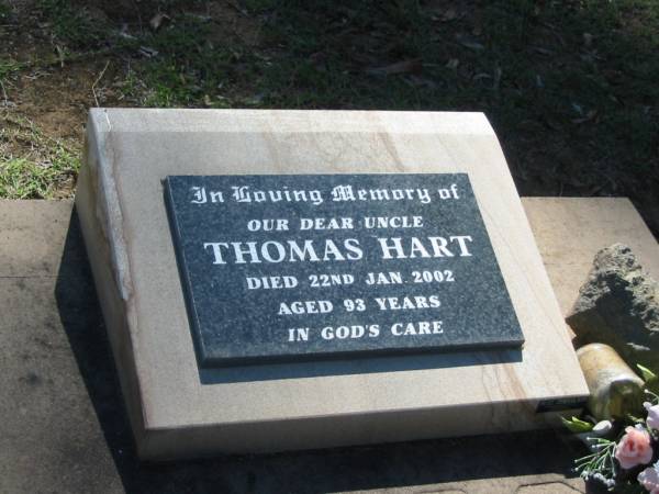 Thomas HART,  | uncle,  | died 22 Jan 2002 aged 93 years;  | Blackbutt-Benarkin cemetery, South Burnett Region  | 