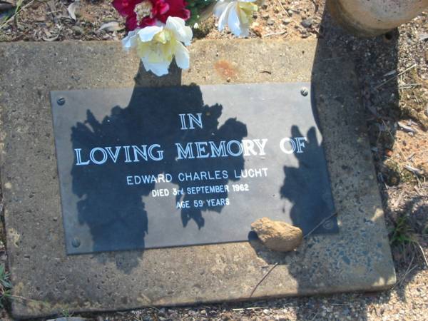 Edward Charles LUCHT,  | died 3 Sept 1962 aged 59 years;  | Blackbutt-Benarkin cemetery, South Burnett Region  | 