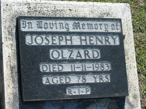 Joseph Henry OLZARD,  | died 11-11-1983 aged 78 years;  | Blackbutt-Benarkin cemetery, South Burnett Region  | 