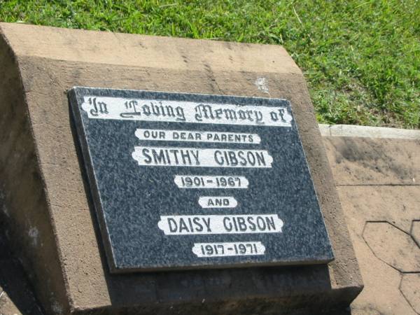 Smithy GIBSON,  | 1901 - 1967;  | Daisy GIBSON,  | 1917 - 1917;  | parents;  | Blackbutt-Benarkin cemetery, South Burnett Region  | 