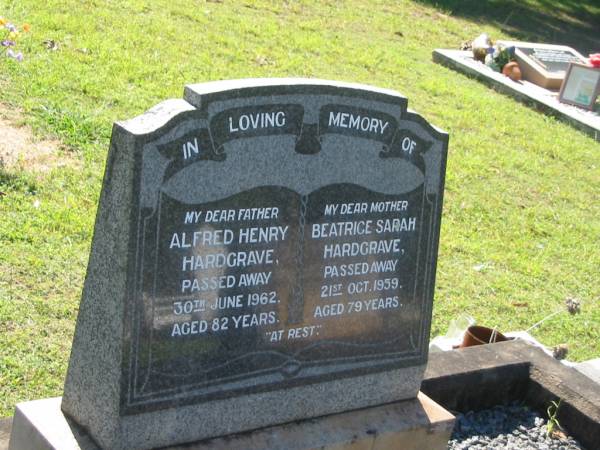 Alfred Henry HARDGRAVE,  | father,  | died 30 June 1962 aged 82 years;  | Beatrice Sarah HARDGRAVE,  | mother,  | died 21 Oct 1959 aged 79 years;  | Blackbutt-Benarkin cemetery, South Burnett Region  | 