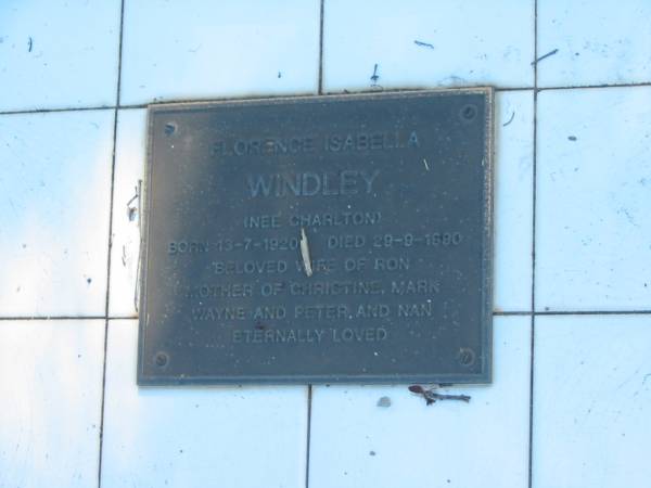 Frank CHARLTON,  | husband father,  | died 26 July 1967 aged 86 years;  | Florence Isabella WINDLEY (nee CHARLTON),  | wife of Ron,  | born 13-7-1920,  | died 29-8-1980,  | mother of Christine, Mark, Wayne, Peter & Nan;  | Blackbutt-Benarkin cemetery, South Burnett Region  | 