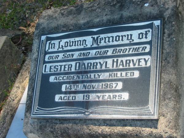 Lester Darryl HARVEY,  | son brother,  | accidentally killed 14 Nov 1967 aged 19 years;  | Blackbutt-Benarkin cemetery, South Burnett Region  | 