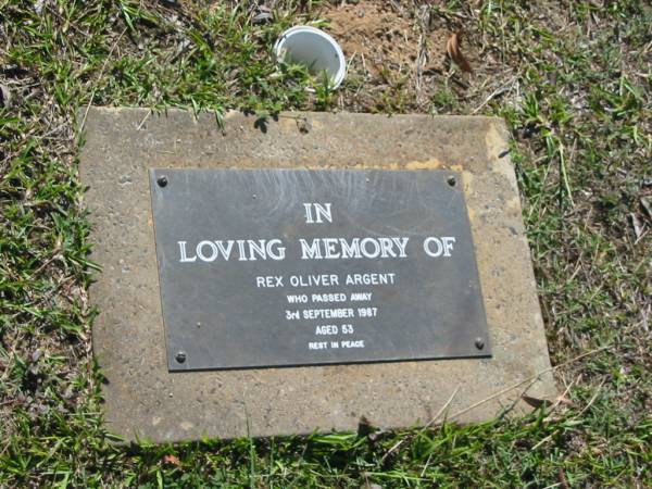 Rex Oliver ARGENT,  | died 3 Sept 1987 aged 53 years;  | Blackbutt-Benarkin cemetery, South Burnett Region  | 