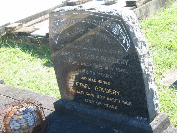 James Robert BOLDERY,  | husband father,  | died 28 May 1961 aged 72 years;  | Ethel BOLDERY,  | mother,  | died 29 March 1986 aged 95 years;  | Blackbutt-Benarkin cemetery, South Burnett Region  | 