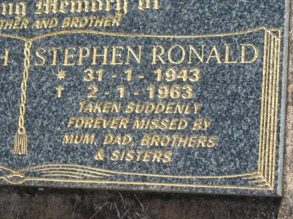 Jane Elizabeth ANDREWS,  | mother,  | 12-6-1916 - 17-10-1992;  | Stephen Ronald ANDREWS,  | brother,  | 31-1-1943 - 2-1-1963,  | missed by mum, dad, brothers & sisters;  | Blackbutt-Benarkin cemetery, South Burnett Region  | 