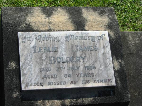 Leslie James BOLDERY,  | died 7 July 1986 aged 64 years;  | Blackbutt-Benarkin cemetery, South Burnett Region  | 