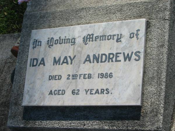 James ANDREWS,  | husband,  | died 19 June 1970 aged 49 years;  | Ida May ANDREWS,  | died 2 Feb 1986 aged 62 years;  | Blackbutt-Benarkin cemetery, South Burnett Region  | 