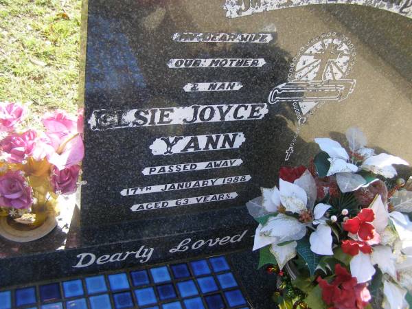 Elsie Joyce YANN,  | wife mother nan,  | died 17 Jan 1988 aged 63 years;  | Blackbutt-Benarkin cemetery, South Burnett Region  | 