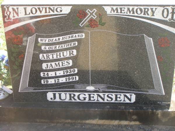 Arthur James JURGENSEN,  | husband father,  | 24-1-1930 - 19-12-1991;  | Blackbutt-Benarkin cemetery, South Burnett Region  | 