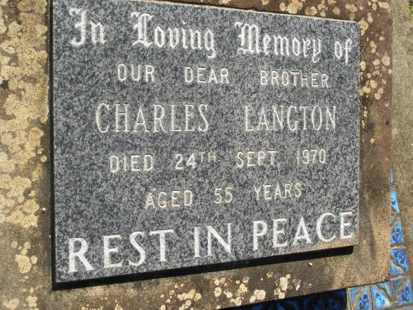 Charles LANGTON,  | brother,  | died 24 Sept 1970 aged 55 years;  | Blackbutt-Benarkin cemetery, South Burnett Region  | 