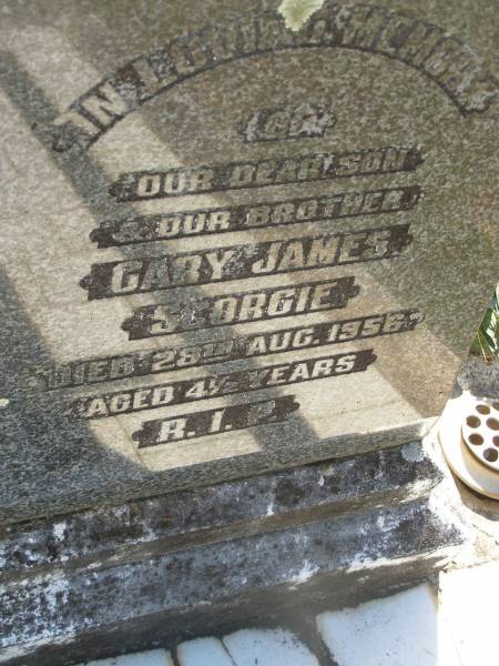 Gary James SCORGIE,  | son brother,  | died 28 Aug 1956 aged 4 1/2 years;  | Blackbutt-Benarkin cemetery, South Burnett Region  | 