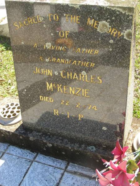 John Charles MCKENZIE,  | father grandfather,  | died 22-2-74;  | Blackbutt-Benarkin cemetery, South Burnett Region  | 