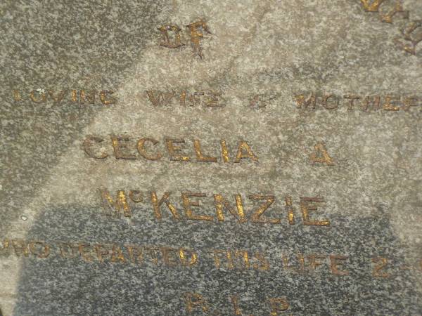 Cecelia A. MCKENZIE,  | wife mother,  | died 2-1-63;  | Blackbutt-Benarkin cemetery, South Burnett Region  | 