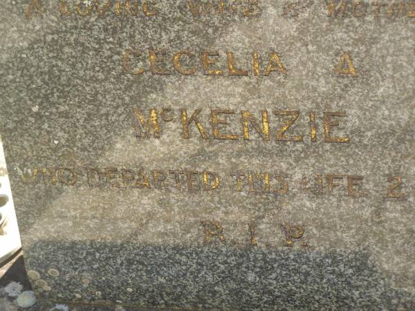 Cecelia A. MCKENZIE,  | wife mother,  | died 2-1-63;  | Blackbutt-Benarkin cemetery, South Burnett Region  | 