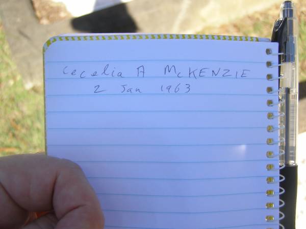 Cecelia A. MCKENZIE,  | wife mother,  | died 2-1-63;  | Blackbutt-Benarkin cemetery, South Burnett Region  | 