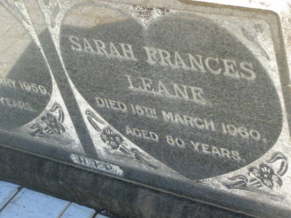 William LEANE,  | died 4 Feb 1959 aged 56 years;  | Sarah Frances LEANE,  | died 15 March 1960 aged 80 years;  | Blackbutt-Benarkin cemetery, South Burnett Region  | 