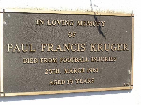 Paul Francis KRUGER,  | died from football injuries 25 March 1961 aged 19 years;  | Blackbutt-Benarkin cemetery, South Burnett Region  | 