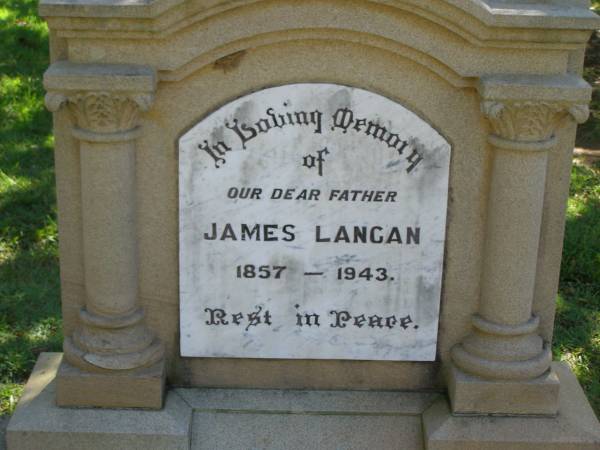 James LANGAN,  | father,  | 1857 - 1943;  | Blackbutt-Benarkin cemetery, South Burnett Region  | 