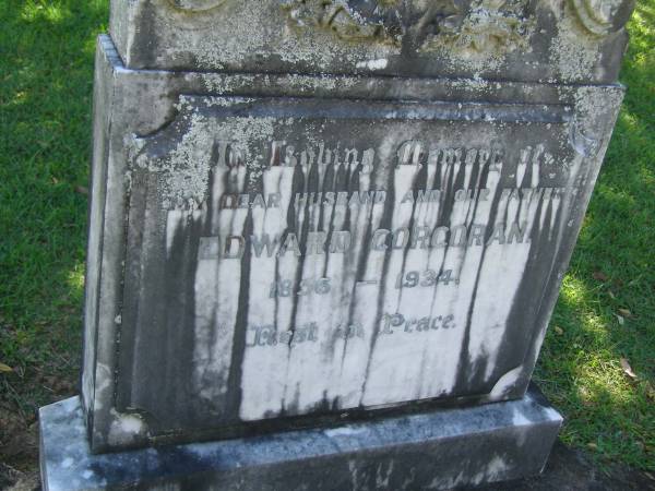 Edward CORCORAN,  | husband father,  | 1856 - 1934;  | Blackbutt-Benarkin cemetery, South Burnett Region  | 