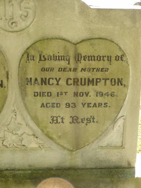 Jesse CRUMPTON,  | husband father,  | 1852 - 1925;  | Nancy CRUMPTON,  | mother,  | died 1 Nov 1946 aged 93 years;  | Blackbutt-Benarkin cemetery, South Burnett Region  | 