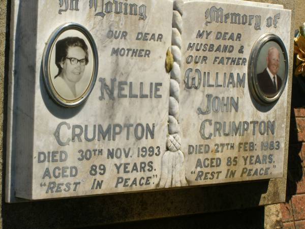 Nellie CRUMPTON,  | mother,  | died 30 Nov 1993 aged 89 years;  | William John CRUMPTON,  | husband father,  | died 27 Feb 1983 aged 85 years;  | Blackbutt-Benarkin cemetery, South Burnett Region  | 