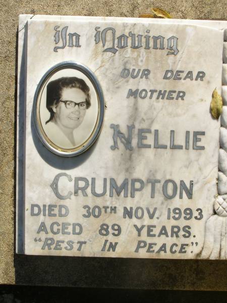 Nellie CRUMPTON,  | mother,  | died 30 Nov 1993 aged 89 years;  | William John CRUMPTON,  | husband father,  | died 27 Feb 1983 aged 85 years;  | Blackbutt-Benarkin cemetery, South Burnett Region  | 