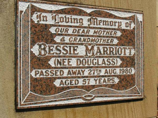 Bessie MARRIOTT (nee DOUGLASS),  | mother grandmother,  | died 27 Aug 1980 aged 57 years;  | Blackbutt-Benarkin cemetery, South Burnett Region  | 