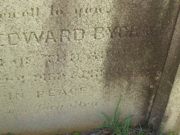 Alice BYGRAVE,  | 10? Dec 1904 aged 67 years 6 months 11 days;  | Percy Edward BYGRAVE,  | grandson,  | died 22 April ????,  | Blackbutt-Benarkin cemetery, South Burnett Region  | 