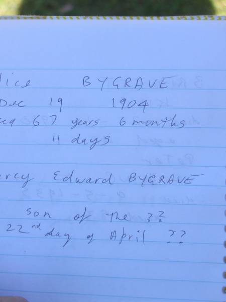 Alice BYGRAVE,  | 10? Dec 1904 aged 67 years 6 months 11 days;  | Percy Edward BYGRAVE,  | grandson,  | died 22 April ????,  | Blackbutt-Benarkin cemetery, South Burnett Region  | 