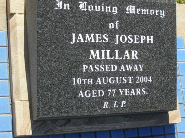 James Joseph MILLAR,  | died 10 Aug 2004 aged 77 years;  | Blackbutt-Benarkin cemetery, South Burnett Region  | 
