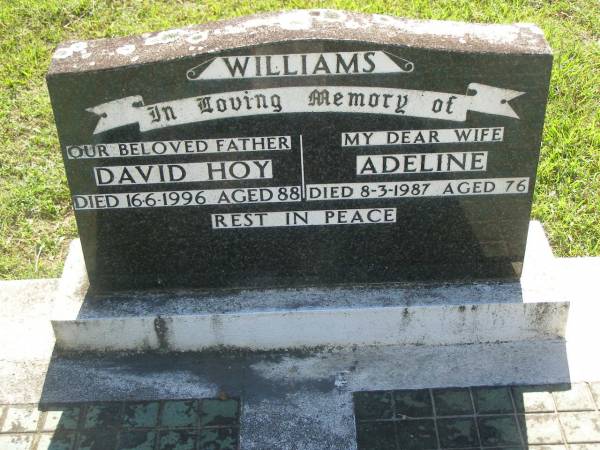 David Hoy (Dave) WILLIAMS,  | father,  | died 16-6-1996 aged 88 years;  | Adeline (Ad) WILLIAMS,  | wife,  | died 8-3-1987 aged 76 years;  | Blackbutt-Benarkin cemetery, South Burnett Region  | 