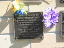 
Diane Brenda DALE,
wife mother grandmother great-grandmother,
died 30-5-2004 aged 53 years;
Scott James DALE,
son brother,
died 8-11-1969 aged 1 month;
Blackbutt-Benarkin cemetery, South Burnett Region
