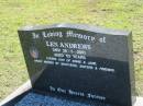 
Len ANDREWS,
died 26-4-2001 aged 53 years,
son of Ernie & Jane,
missed by brothers sisters;
Blackbutt-Benarkin cemetery, South Burnett Region
