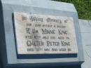 
Hilda Minnie KING,
mother,
died 27 July 1981 aged 76 years;
Walter Peter KING,
father,
died 21 Nov 1983 aged 80 years;
Blackbutt-Benarkin cemetery, South Burnett Region
