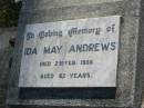 
James ANDREWS,
husband,
died 19 June 1970 aged 49 years;
Ida May ANDREWS,
died 2 Feb 1986 aged 62 years;
Blackbutt-Benarkin cemetery, South Burnett Region
