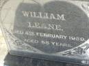 
William LEANE,
died 4 Feb 1959 aged 56 years;
Sarah Frances LEANE,
died 15 March 1960 aged 80 years;
Blackbutt-Benarkin cemetery, South Burnett Region
