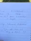 
Alice BYGRAVE,
10? Dec 1904 aged 67 years 6 months 11 days;
Percy Edward BYGRAVE,
grandson,
died 22 April ????,
Blackbutt-Benarkin cemetery, South Burnett Region
