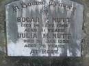 
Edgar F. (Ted) NUTT,
died 14 Sept 1942 aged 61 years;
Julia M. NUTT,
died 31 Jan 1952 aged 76 years;
Blackbutt-Benarkin cemetery, South Burnett Region
