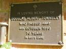 Douglas Albert TOWNSLEY, died 4 Oct 1990 aged 70 years; Bribie Island Memorial Gardens, Caboolture Shire 