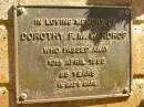 Dorothy F.M. WARDROP, died 10 April 1995 aged 85 years; Bribie Island Memorial Gardens, Caboolture Shire 