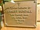 Ernest SENDALL,
died 21 April 1991 aged 79 years;
Bribie Island Memorial Gardens, Caboolture Shire